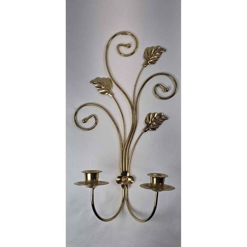Vintage Gold Tone Metal Wall Sconce Candle Holder Leaf Scroll 2 Arm Decor